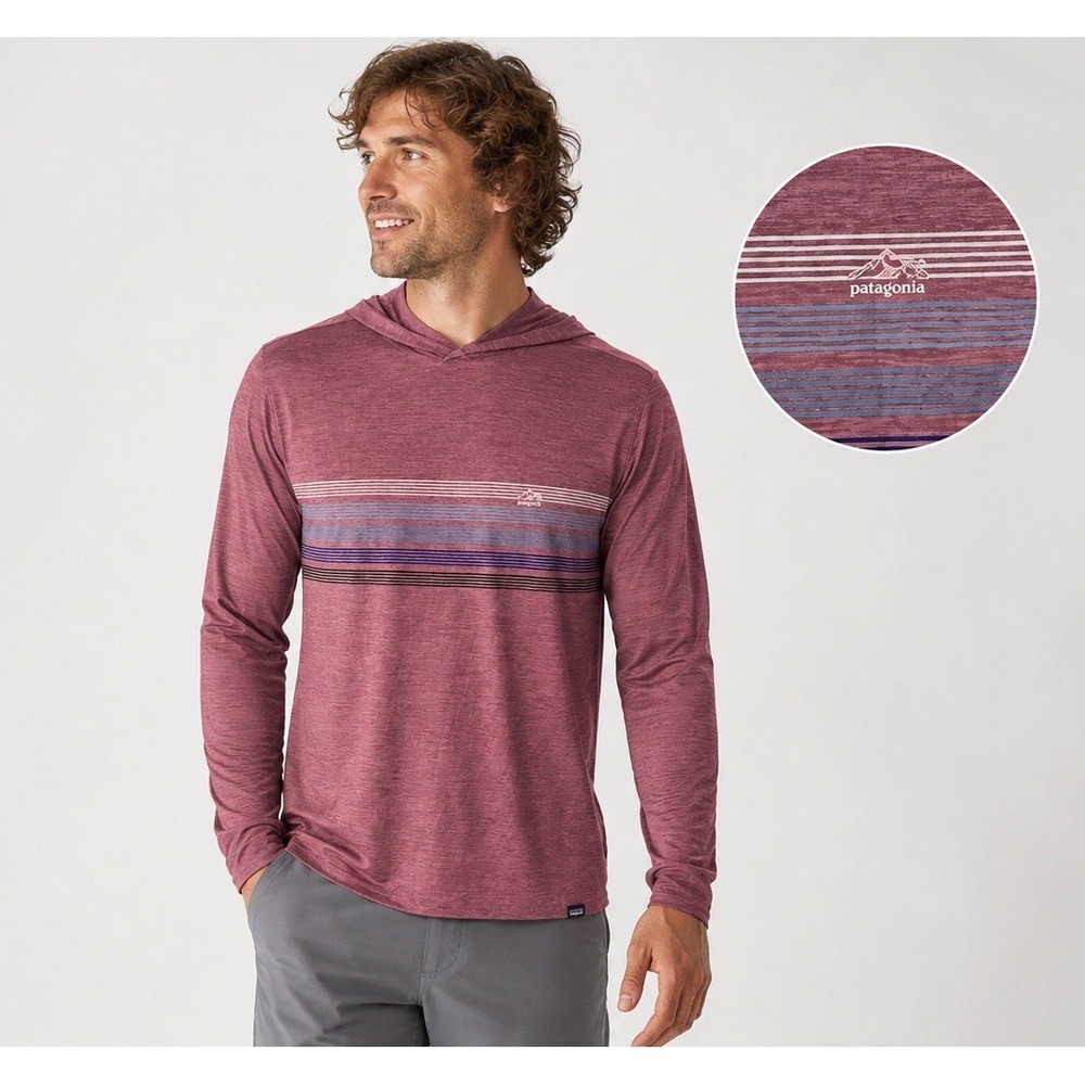 Patagonia Capilene Cool Daily Hoodie Mens Medium Maroon Striped Long Sleeve NWT